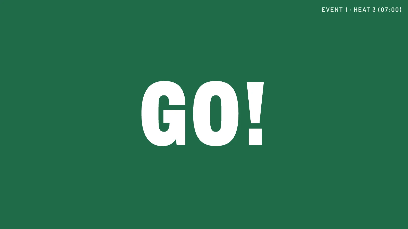 A green GO! screen at the start of a heat